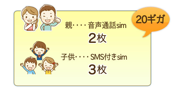 音声sim×2とSMS付sim×3の計5枚を20ギガでシェアプラン