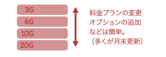 料金プランの変更やオプションの追加は簡単で手数無料。月末更新